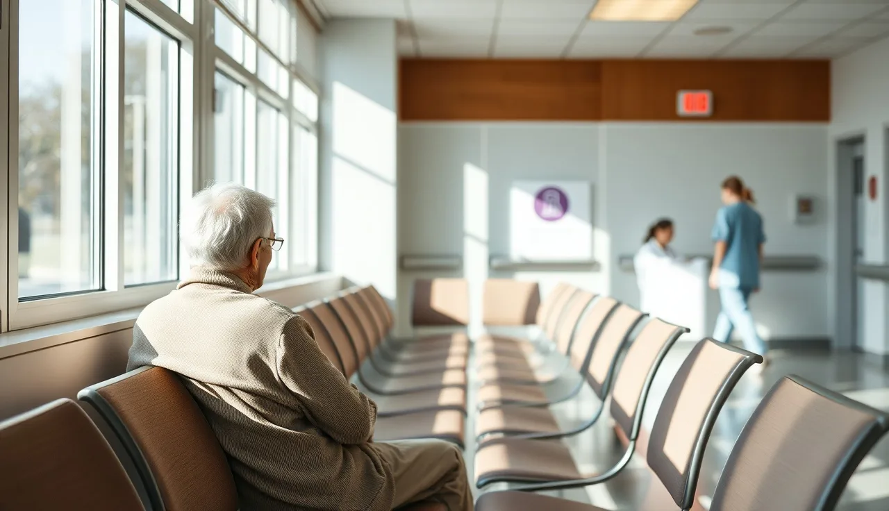 Person waiting in a hospital waiting room with afternoon light, representing disability benefits delay