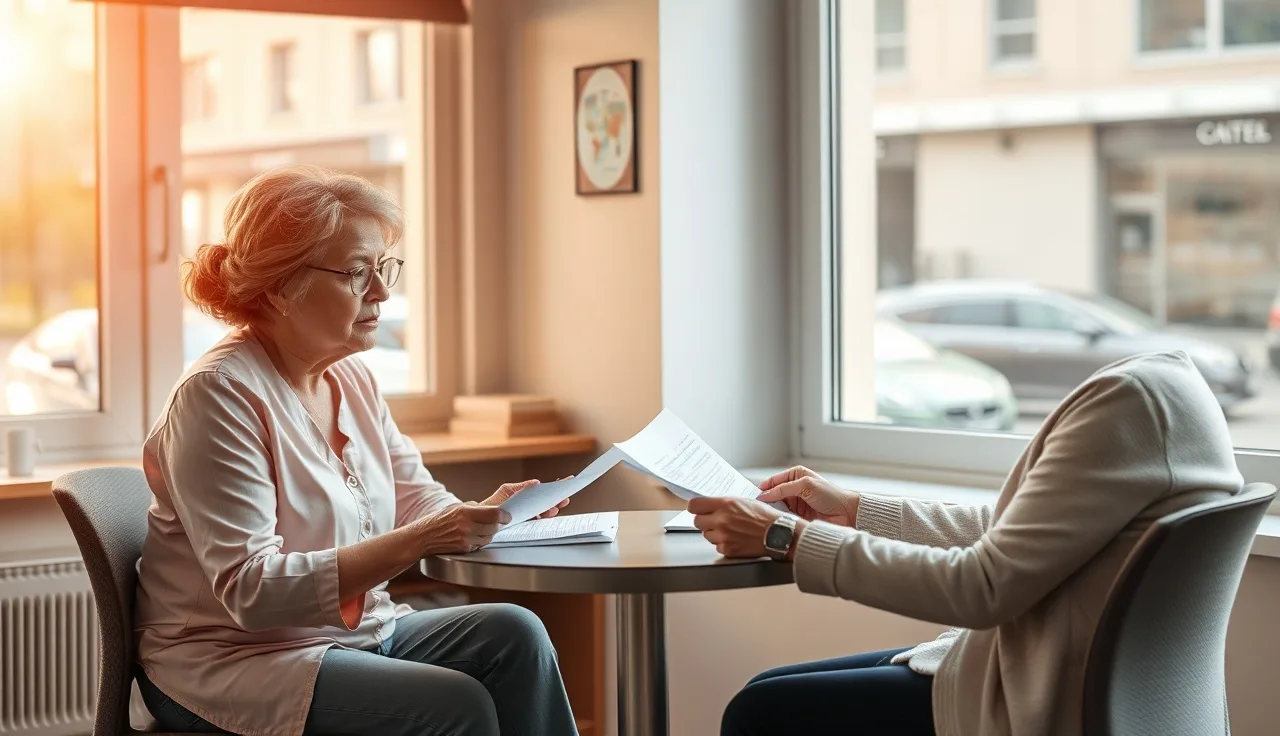 Social worker helping a woman with mental illness disability paperwork at a community center