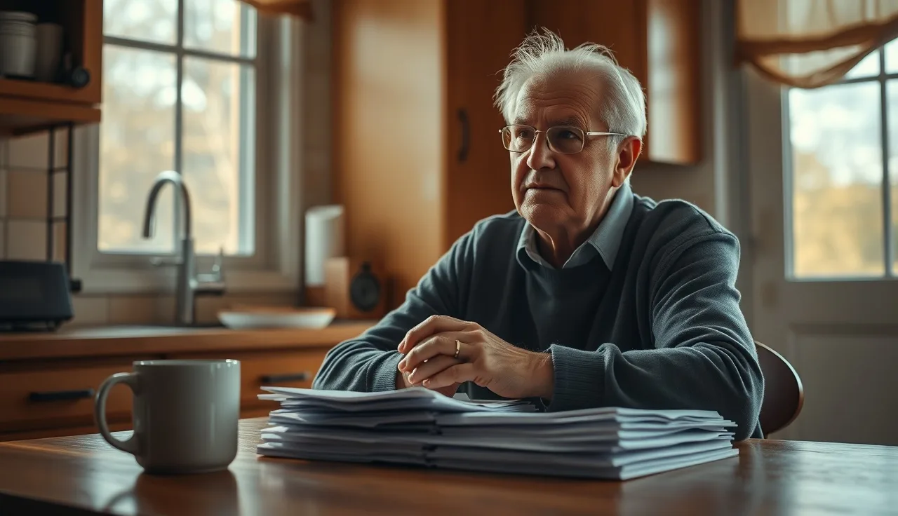 Man sitting at kitchen table reviewing disability application paperwork in morning light