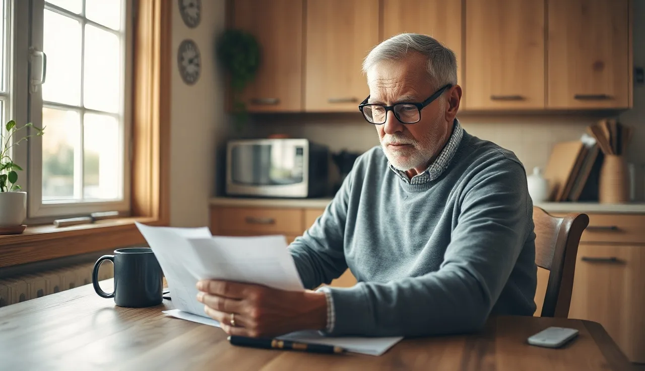 Man reviewing disability application documents at kitchen table in morning light