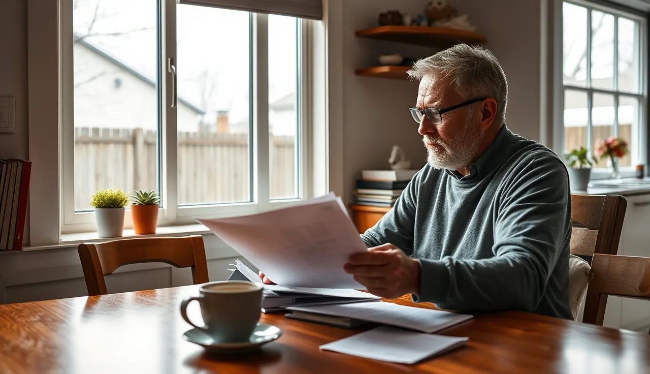 Man reviewing SSDI application paperwork at kitchen table in morning light