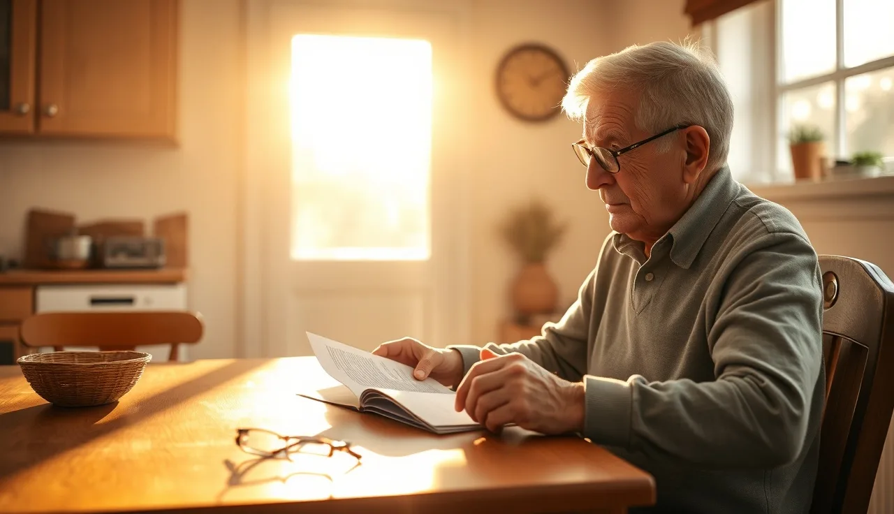 Elderly person reviewing medical documents at a sunlit kitchen table