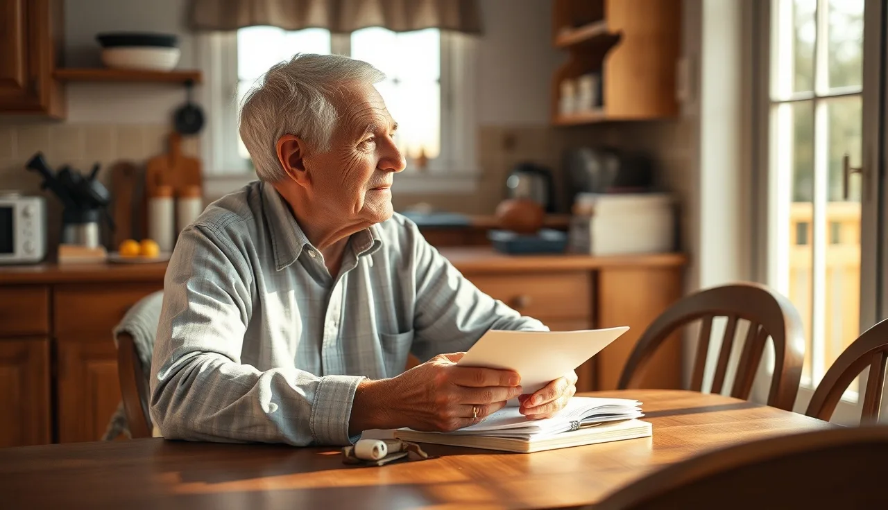 Person reviewing disability application paperwork at a kitchen table in morning light