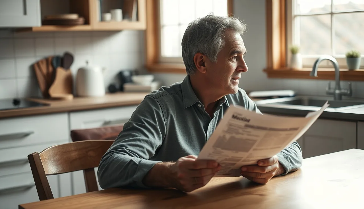 Man reviewing SSDI application paperwork at kitchen table in morning light