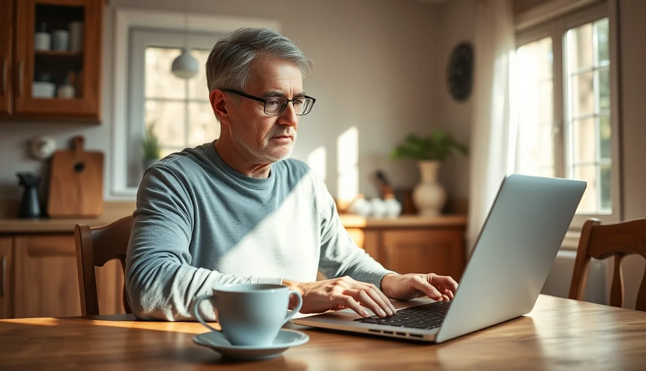 Person checking disability application status on laptop at kitchen table