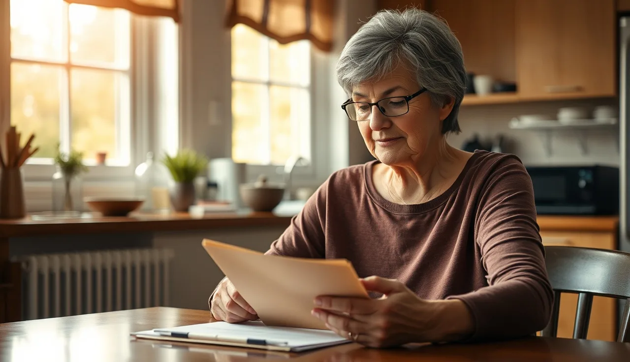 Woman reviewing medical paperwork at kitchen table, compassionate allowance application process