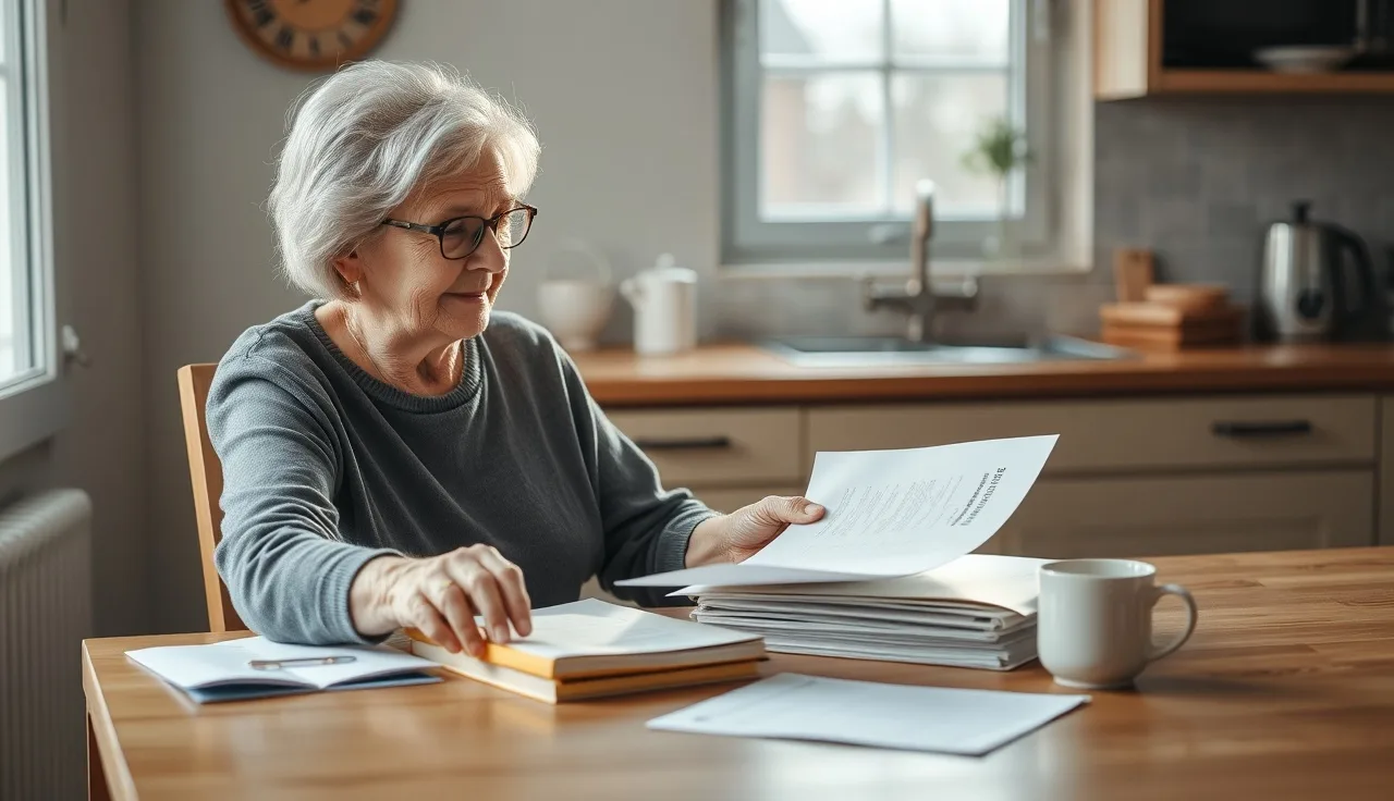 Elderly woman organizing medical documents at kitchen table for disability benefits application