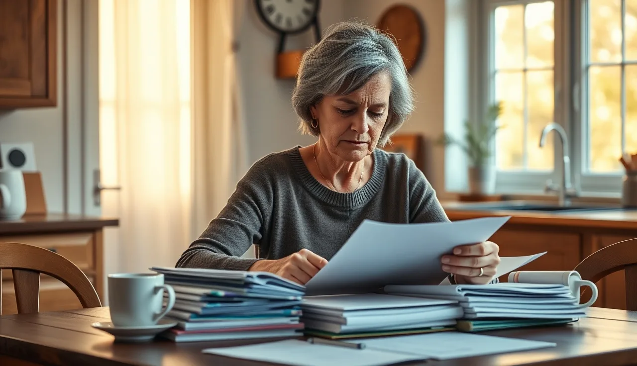 Woman organizing disability application paperwork at a kitchen table in morning light