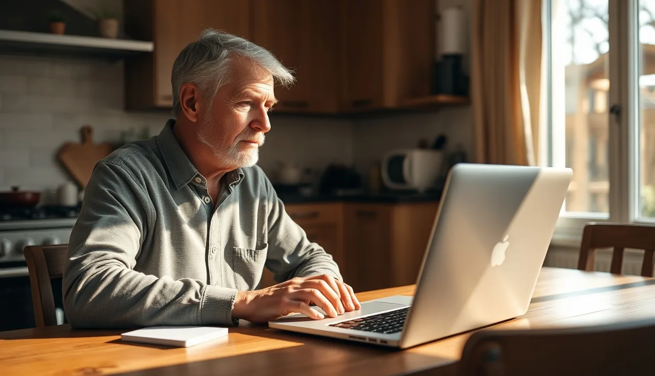Person at a kitchen table applying for disability benefits on a laptop