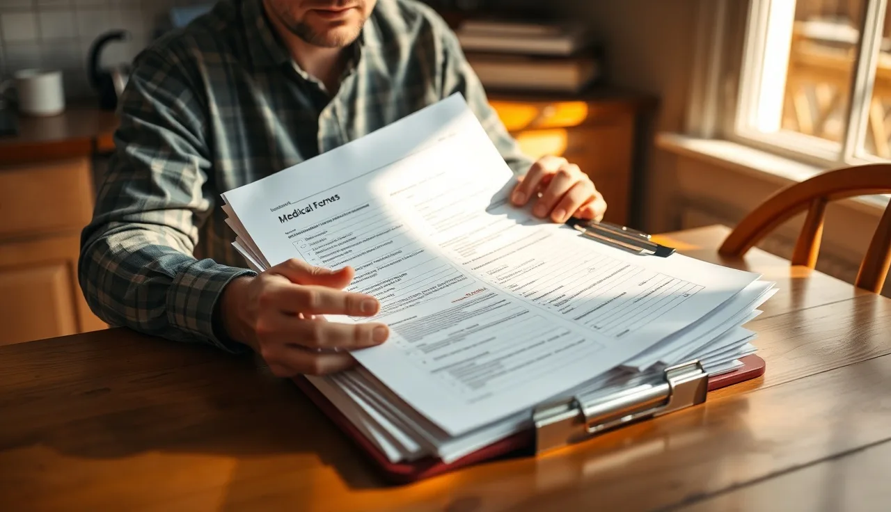 Person reviewing disability application paperwork at kitchen table in afternoon light