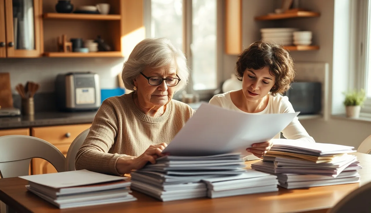 Family member helping an older woman organize disability application paperwork at kitchen table