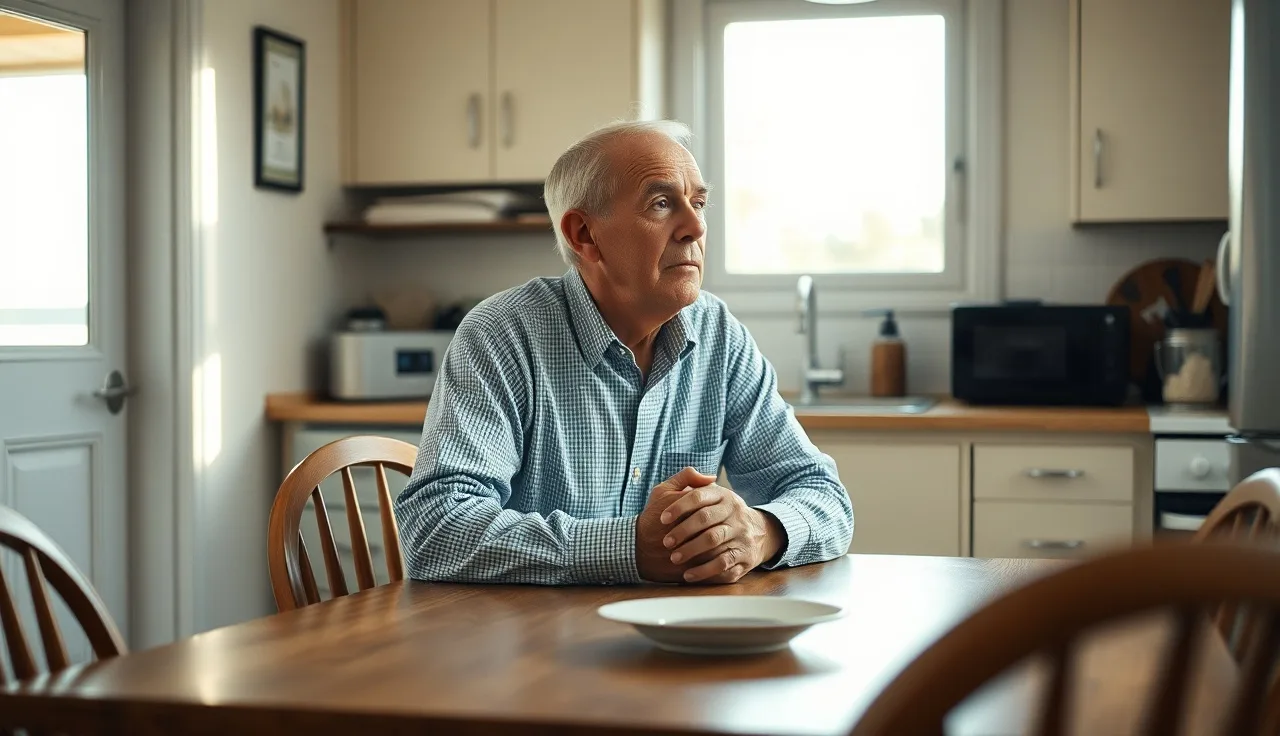 Older man sitting at kitchen table in soft morning light, disability application context