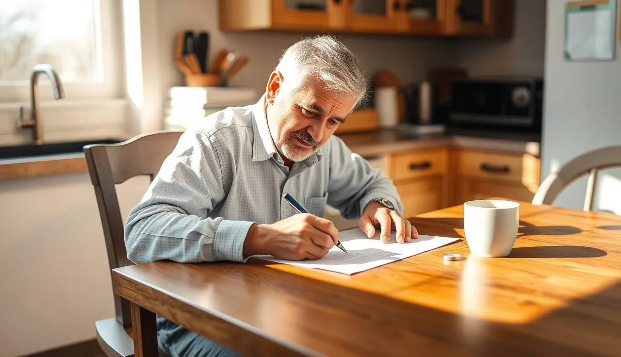 Older man filling out SSDI application paperwork at a kitchen table