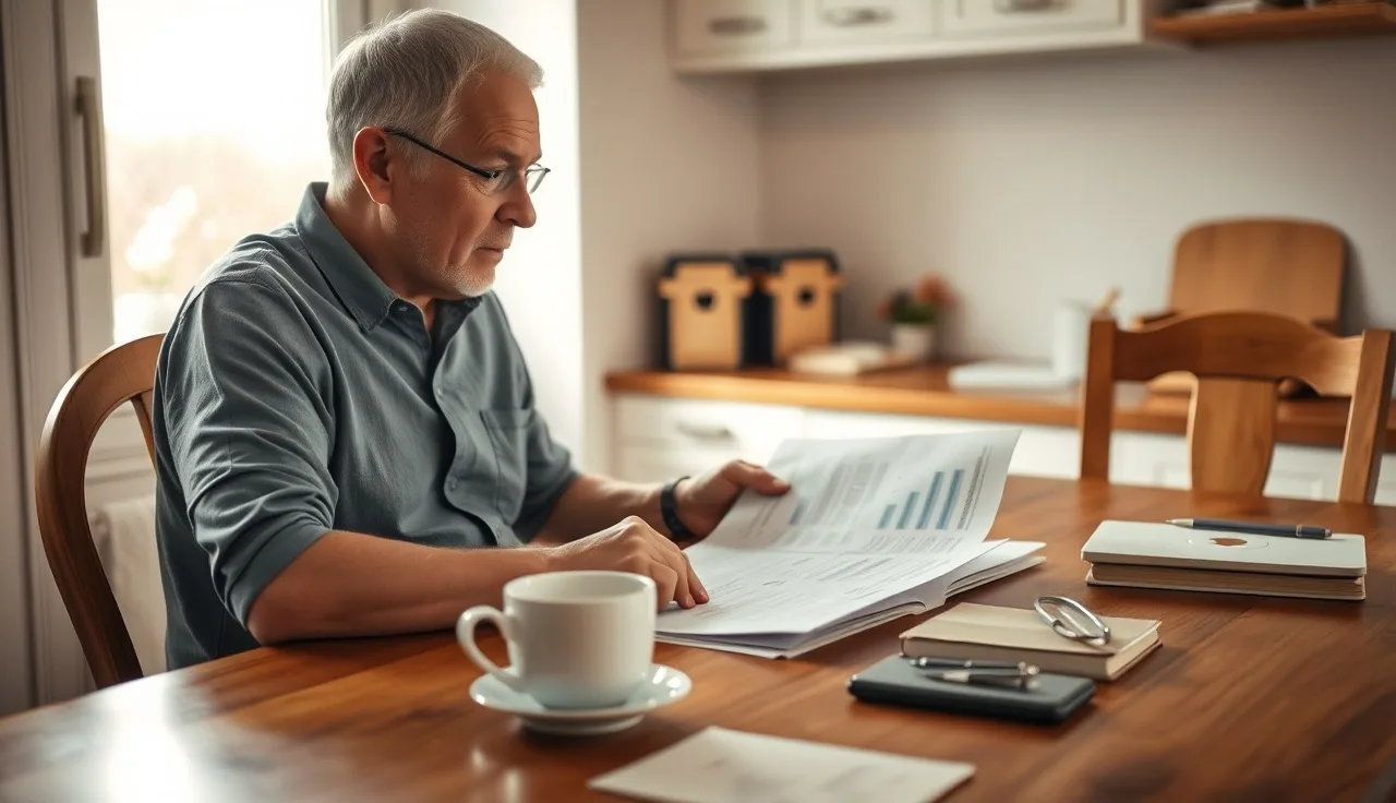 Person reviewing disability application papers at a kitchen table in morning light