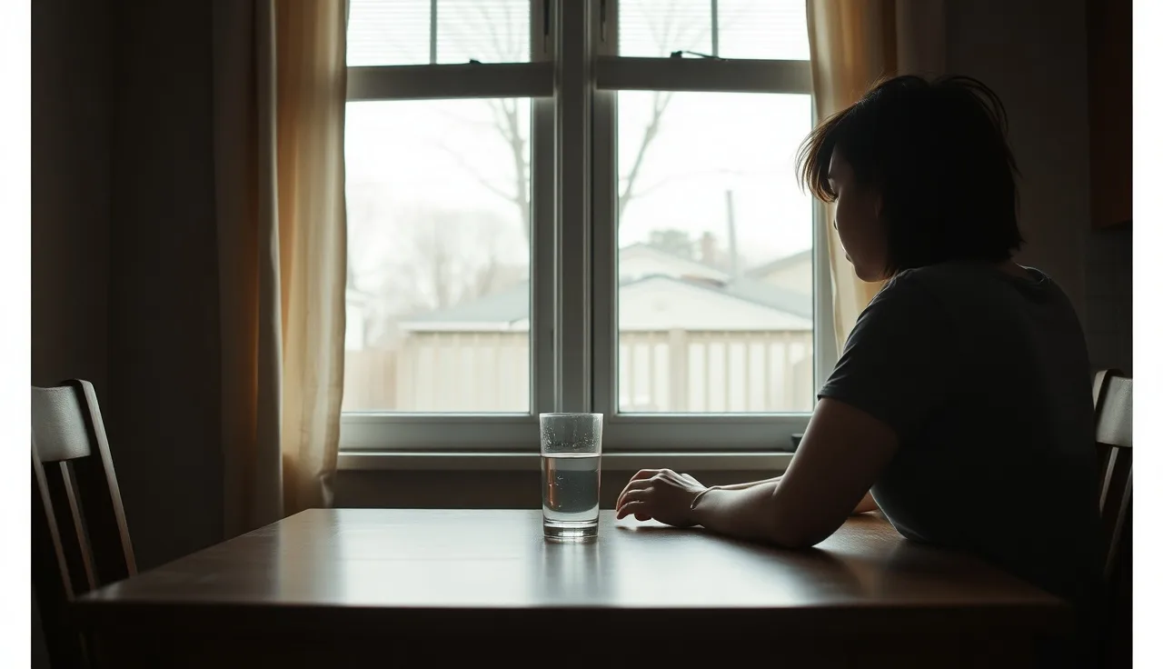 Person sitting alone at kitchen table in soft morning light, appearing thoughtful