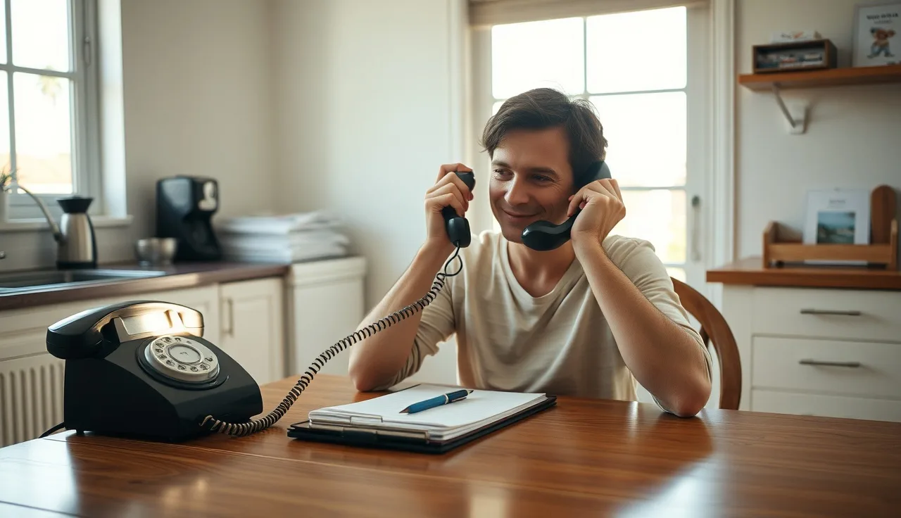 Person calling DDS examiner on landline phone at home kitchen table