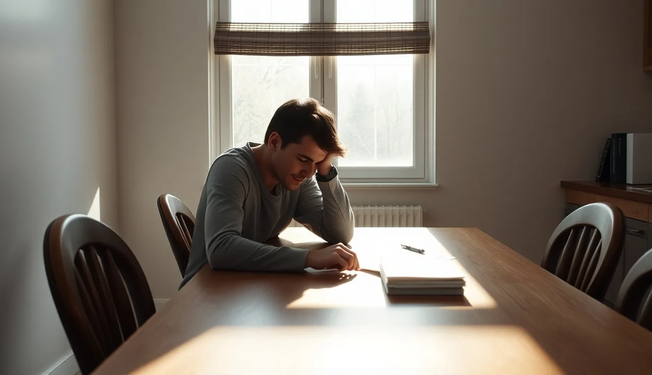 Person sitting at kitchen table with disability forms on a difficult day
