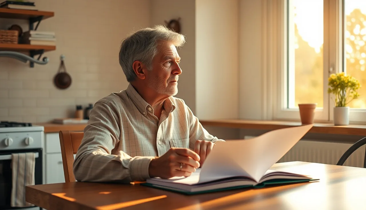 Person reviewing disability paperwork at a kitchen table in morning light