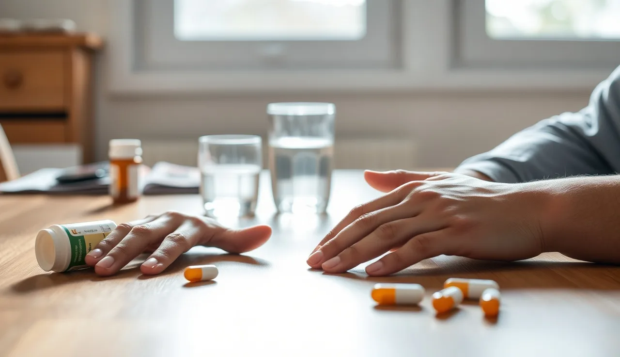 Person's hands resting on a kitchen table while completing a disability function report form