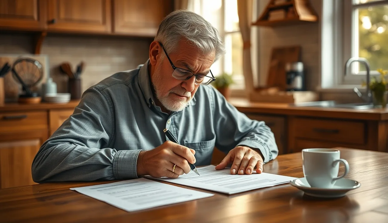 Man filling out disability benefit application forms at a kitchen table