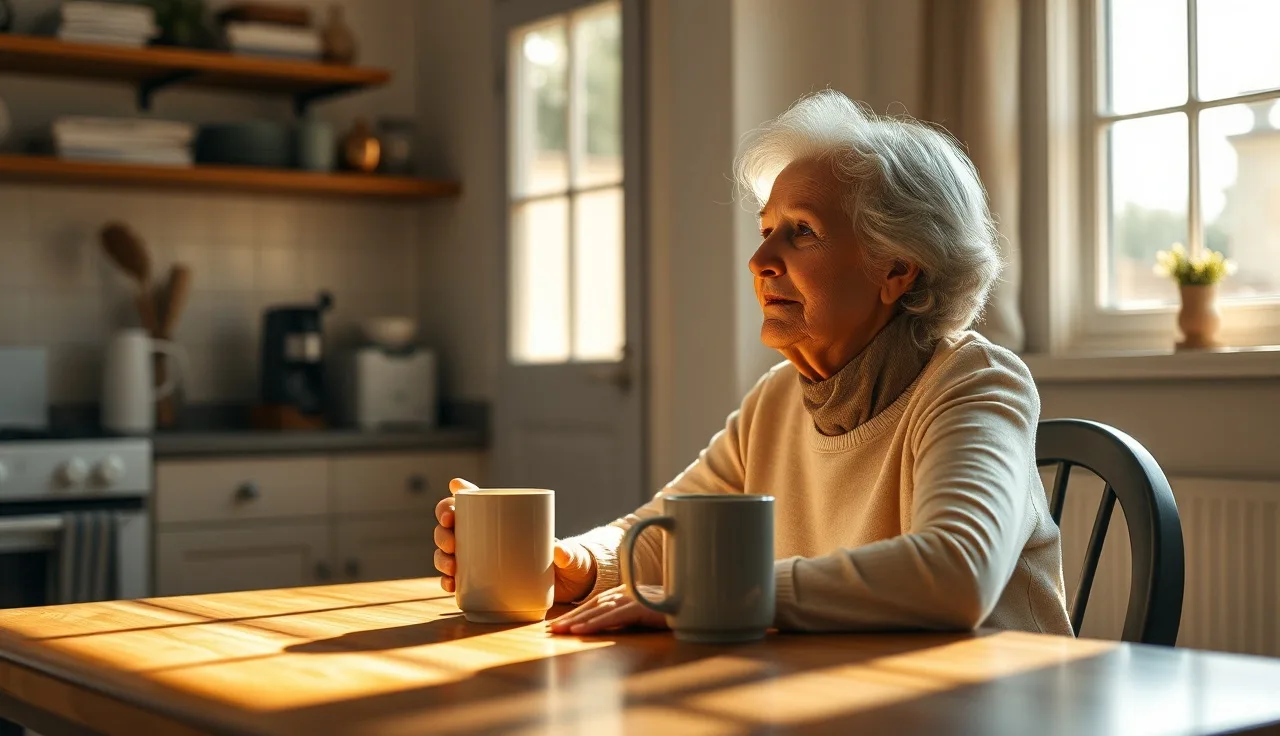 Older woman sitting at kitchen table in soft afternoon light checking disability application status