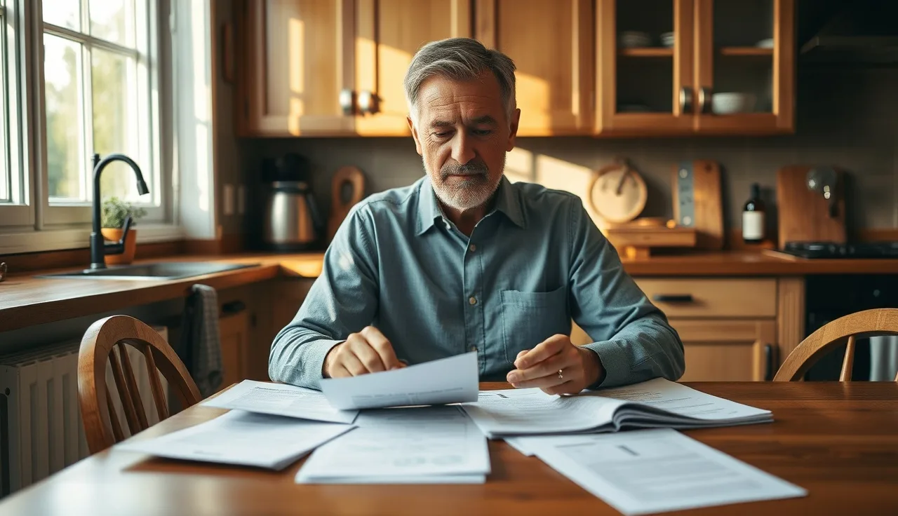 Person reviewing SSDI application paperwork at kitchen table in morning light
