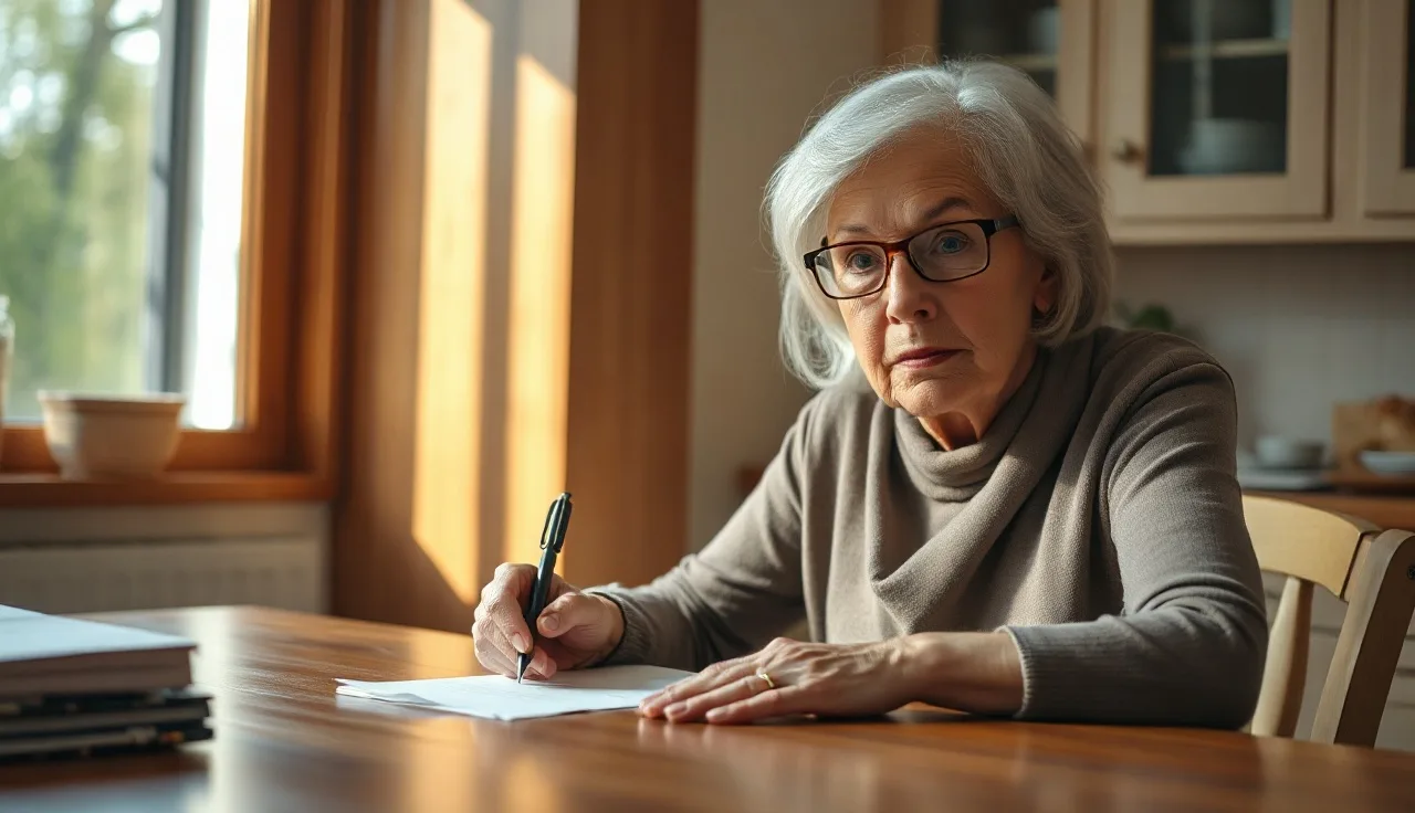 Woman completing a disability application form at kitchen table in morning light