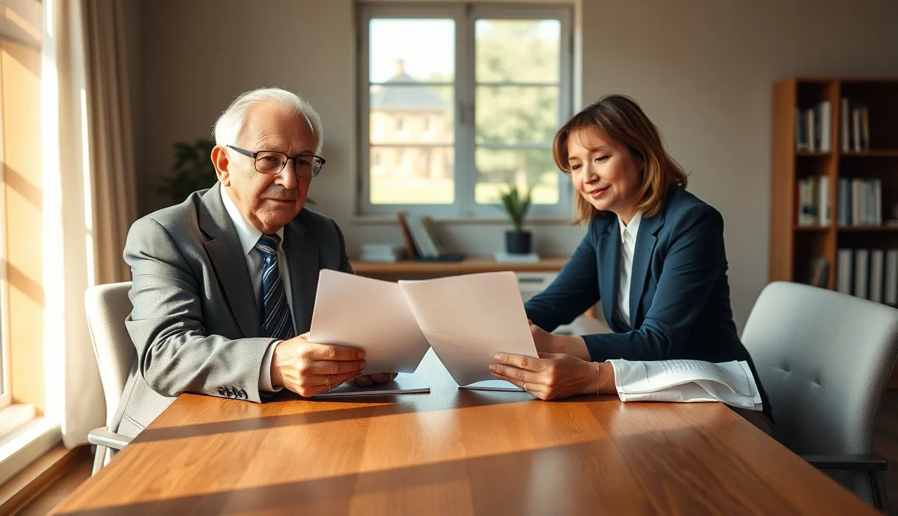disability claimant meeting with a lawyer at an office table reviewing case documents