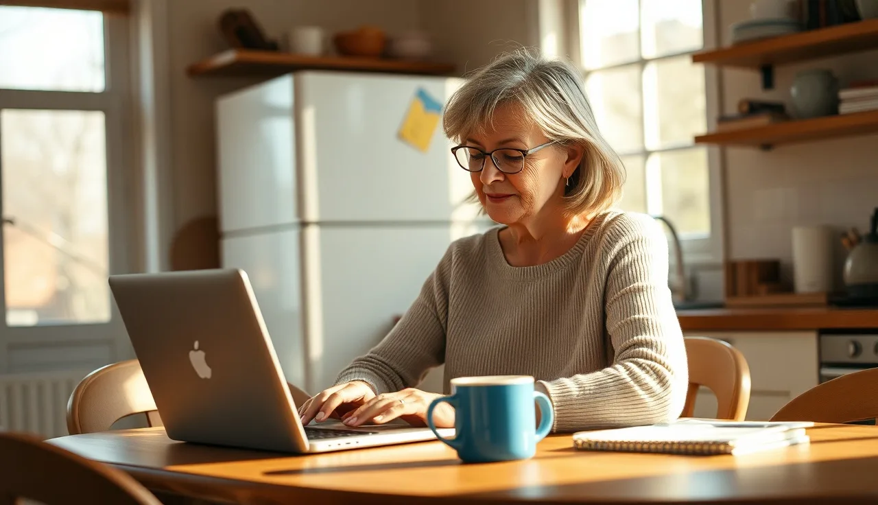 Woman checking disability application status online at a kitchen table
