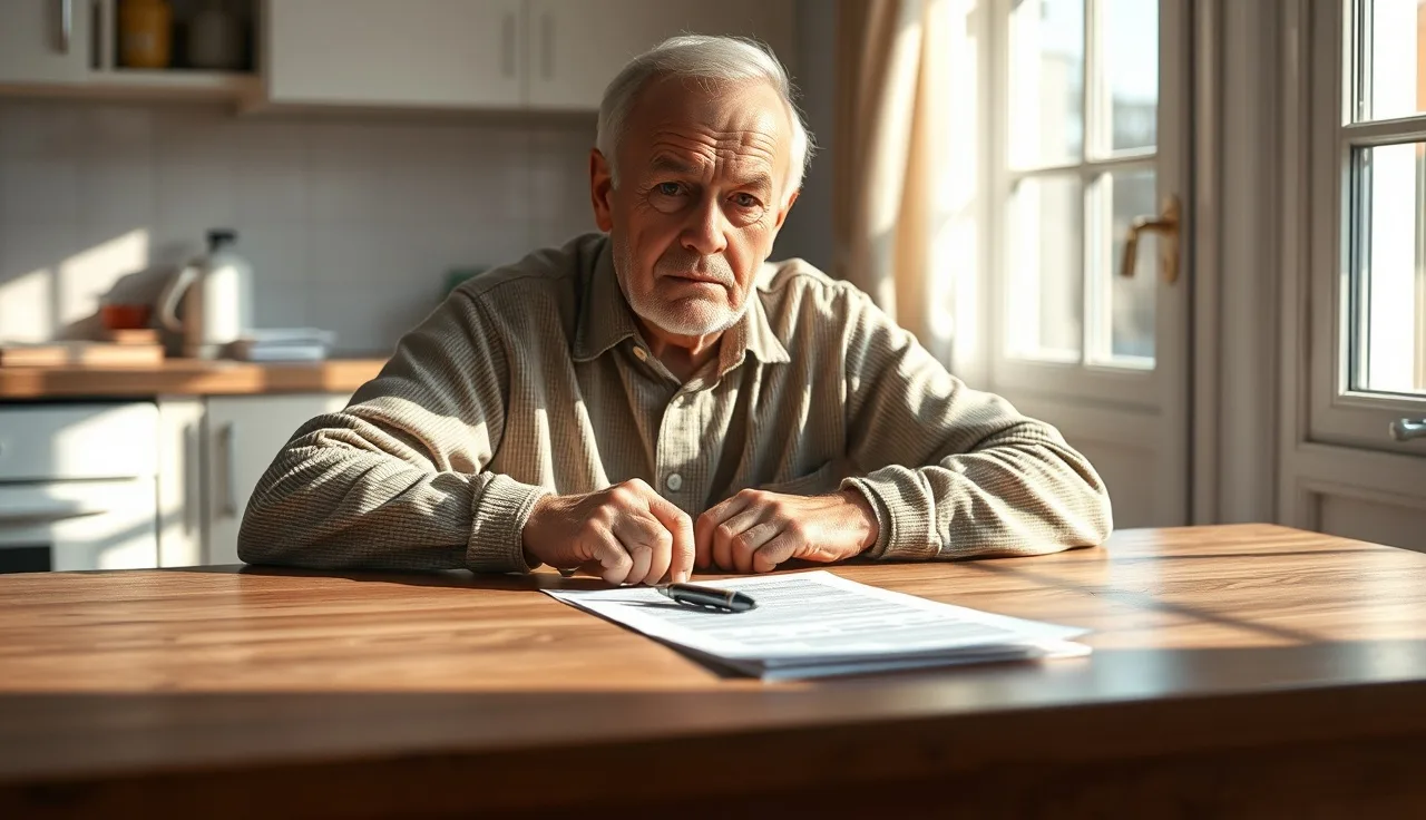 Older man at kitchen table with medical paperwork for disability application