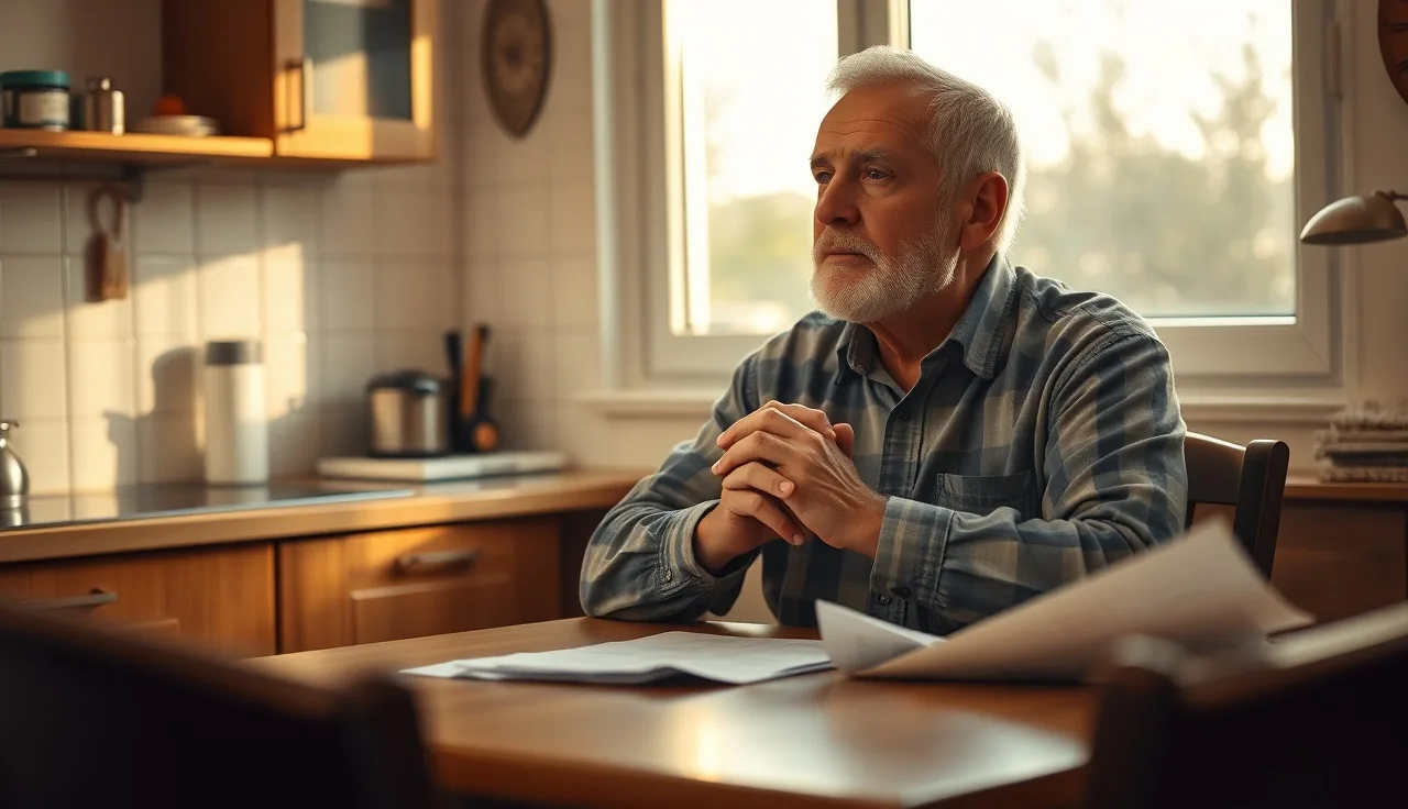 Man sitting at kitchen table looking out window while applying for disability benefits
