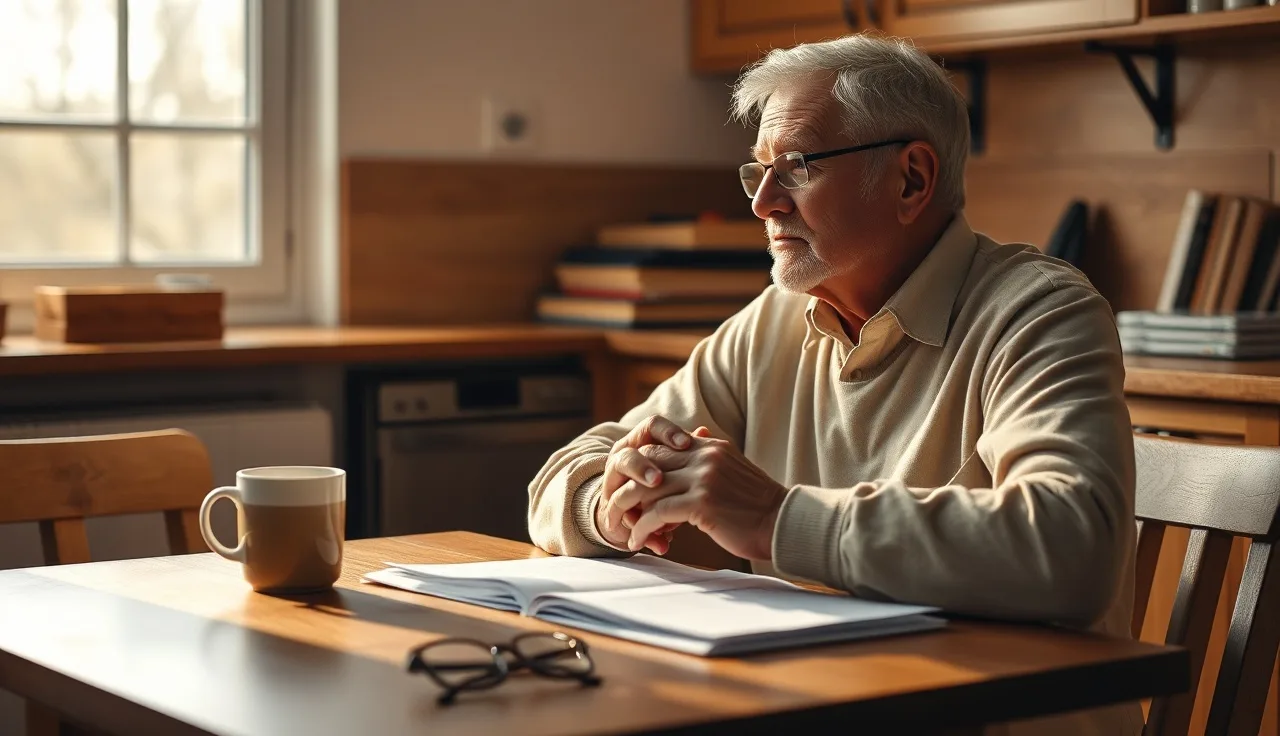 Man sitting at kitchen table with disability paperwork in morning light