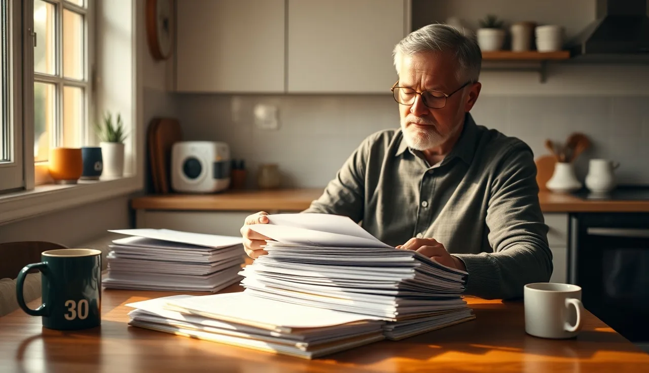 Man organizing disability application documents at kitchen table in morning light