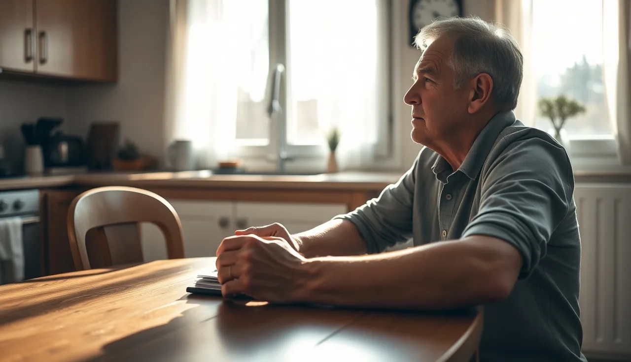 Person reviewing disability paperwork at a kitchen table in morning light