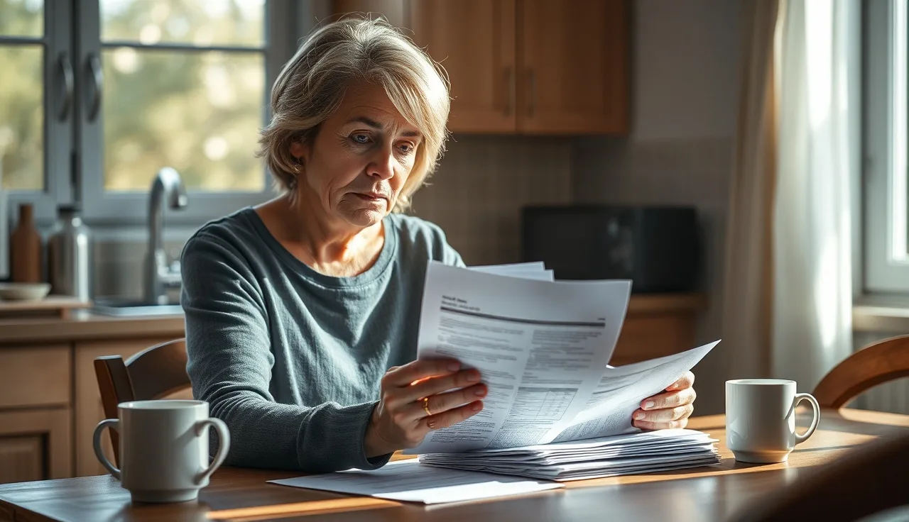 Woman reviewing medical paperwork at kitchen table during disability claim process
