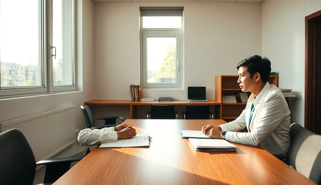 Person meeting with a disability representative at an office table reviewing claim documents