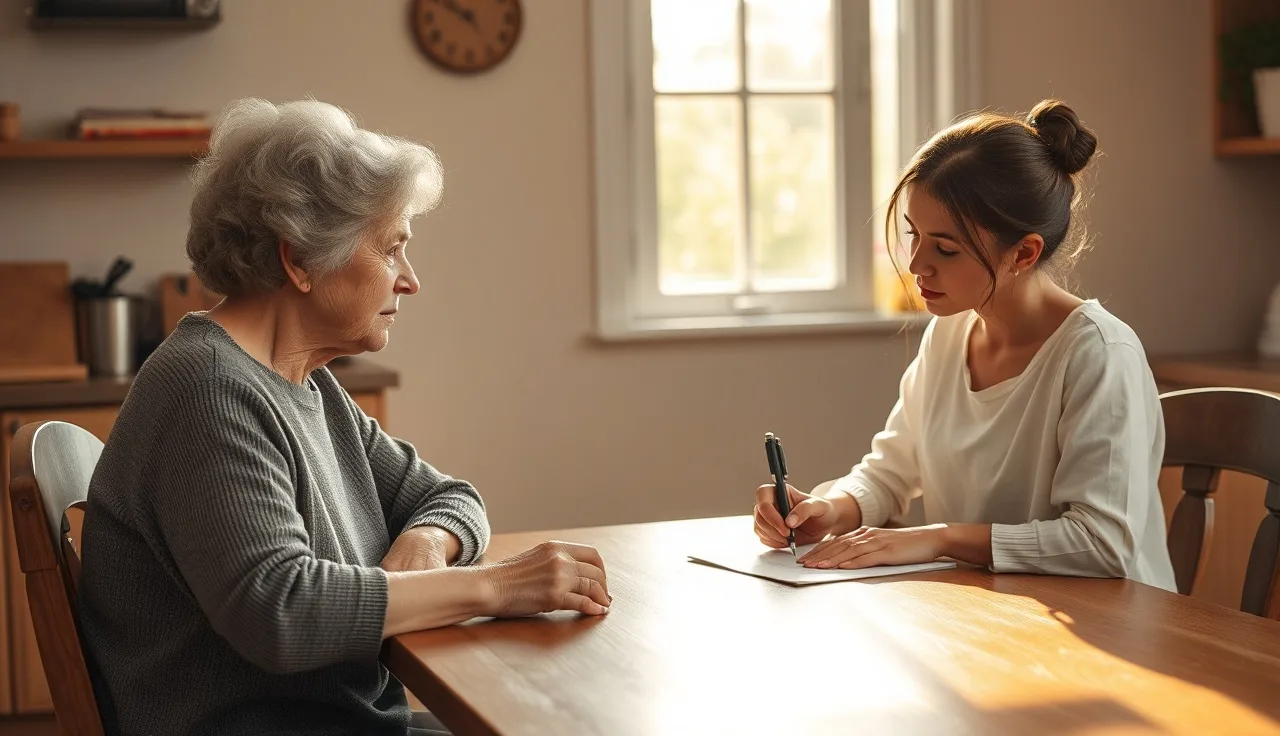 Two women at a kitchen table, one helping the other complete disability paperwork
