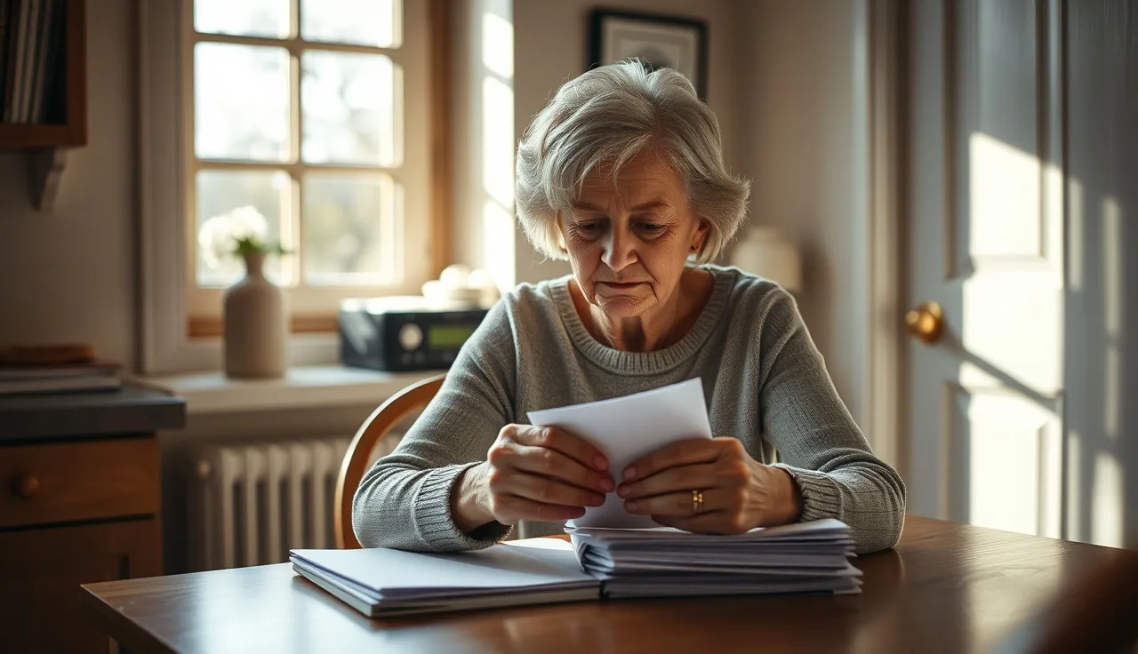 Older woman sitting at kitchen table with official mail, morning light