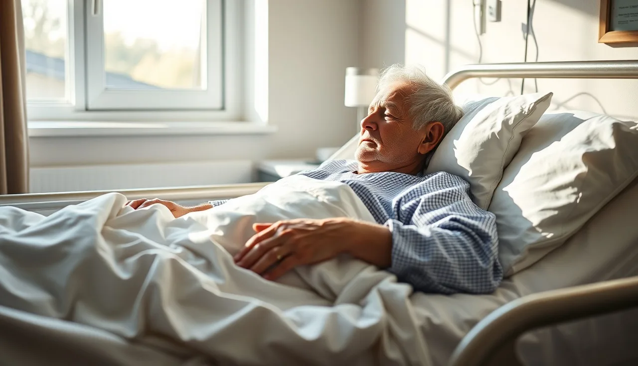 Terminally ill patient resting in a sunlit hospital bed with a family member nearby