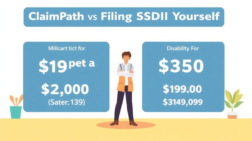 An informative visual explaining claimPath vs Filing SSDI Yourself: Cost, Time, and Success Rates for beginners and professionals