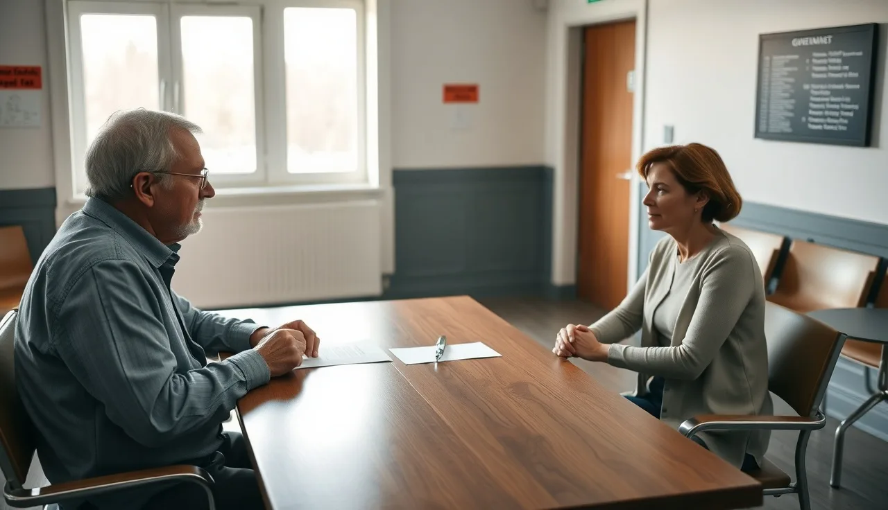 Man and disability advocate reviewing paperwork at a table in a waiting room
