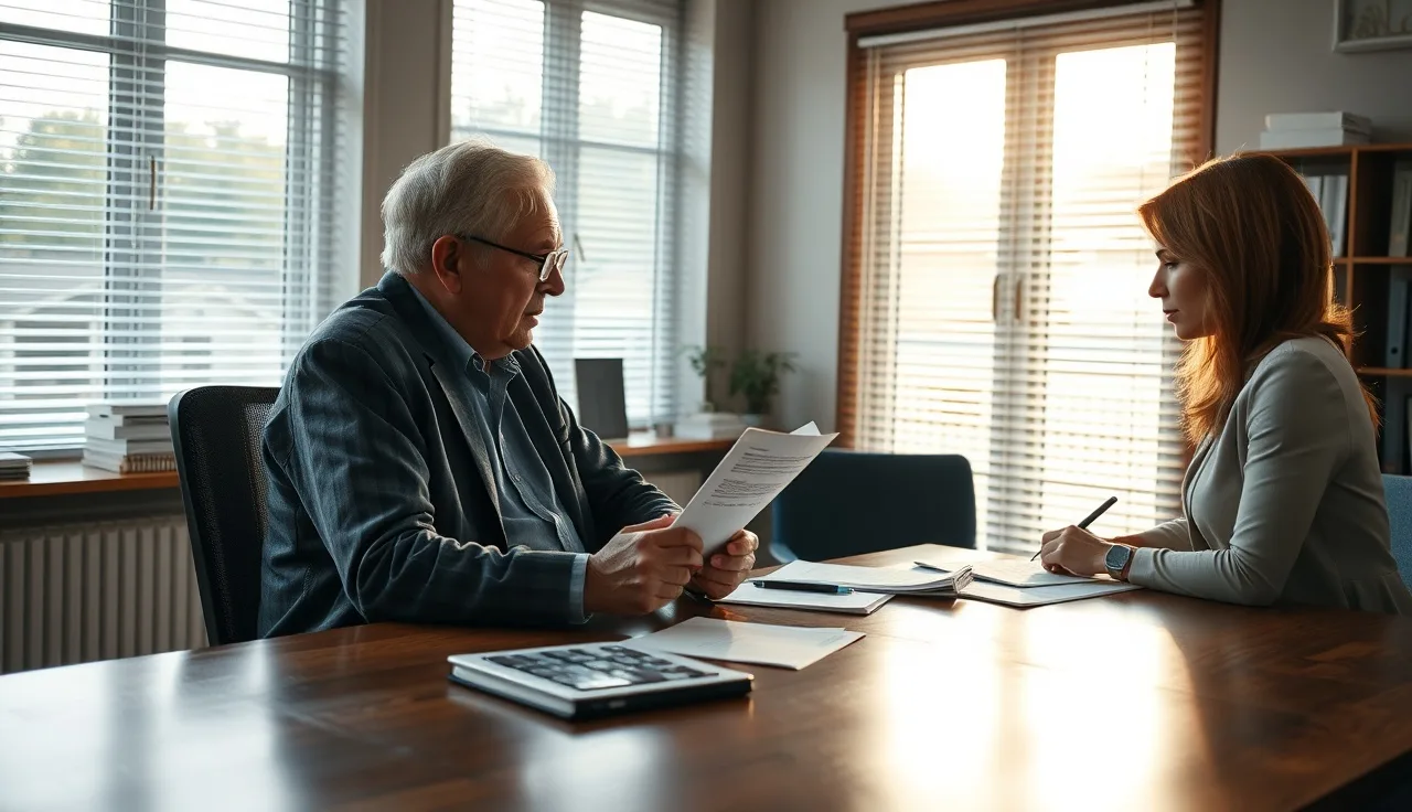 Man with cane meeting with disability advocate reviewing documents at office table