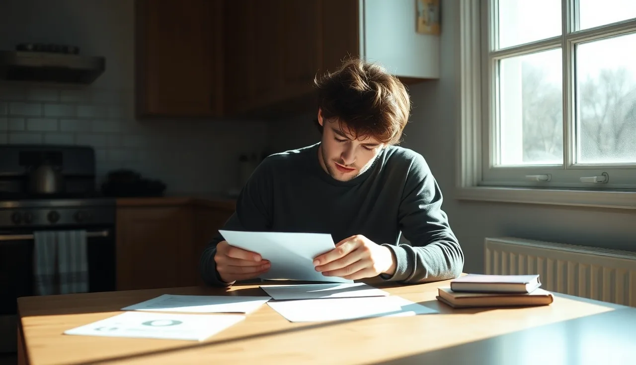 Person reading a disability decision letter at a kitchen table in morning light