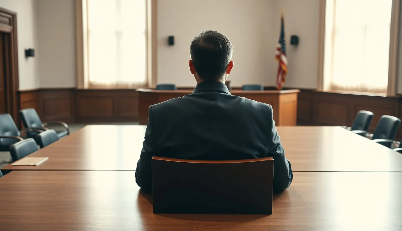 Person seated at a table in a hearing room waiting for their disability ALJ hearing