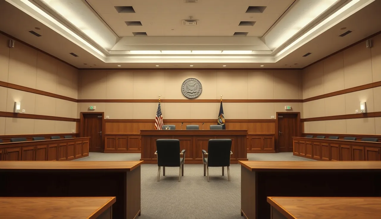 Empty SSA administrative law judge hearing room with wooden bench and chairs