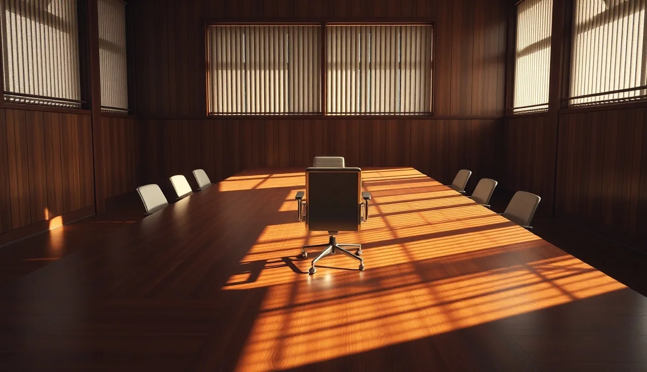 Empty conference room with afternoon light suggesting a postponed ALJ disability hearing