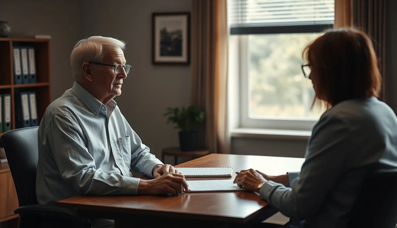 Person meeting with a disability representative at a wooden office desk