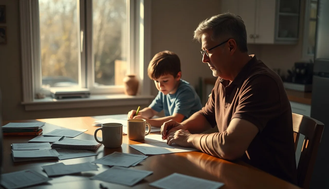 Parent and child at a kitchen table in warm afternoon light, disability paperwork nearby