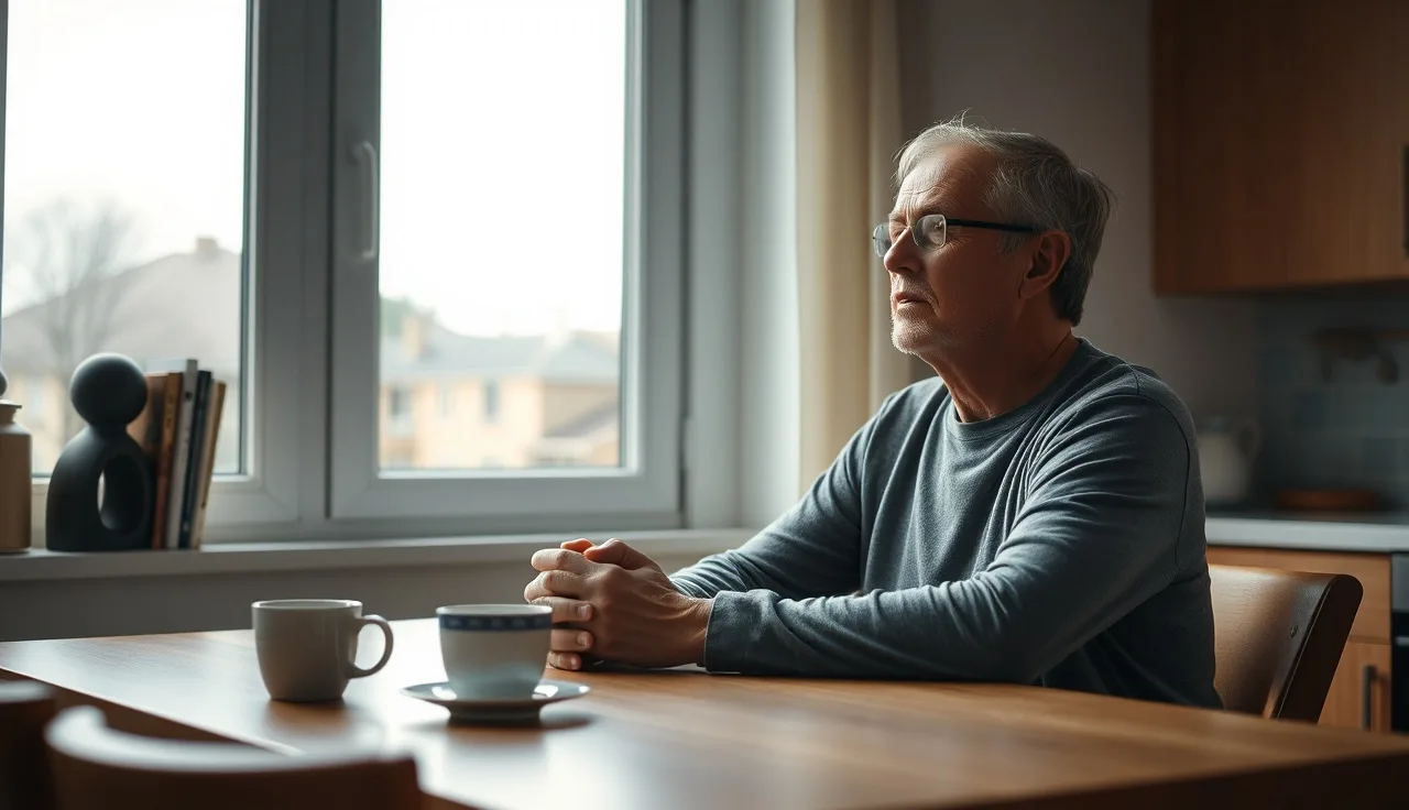 Person sitting alone at kitchen table looking out window, conveying mental illness and disability waiting