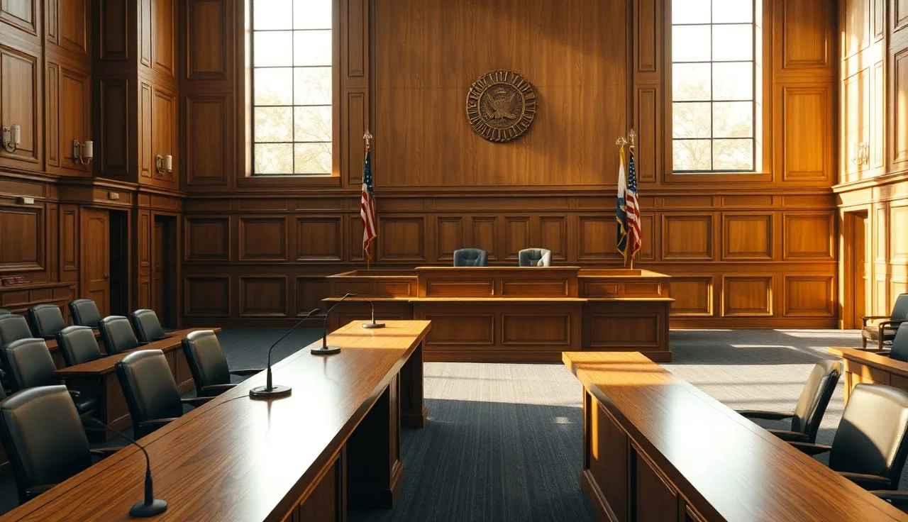 Empty Social Security disability hearing room with microphones and raised judge bench